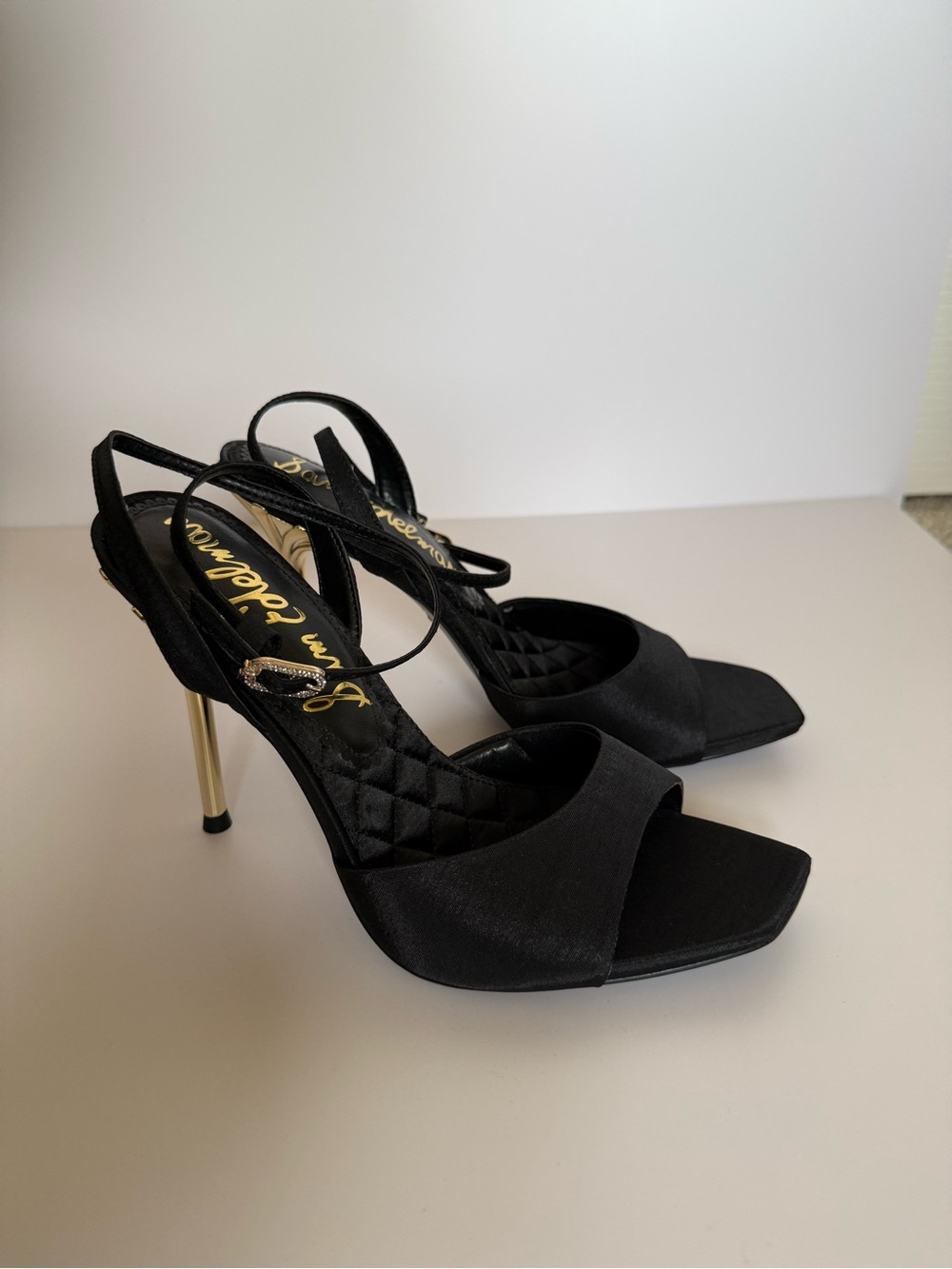 Sam Edelman Black Satin Slingback Heels with Gold Stiletto